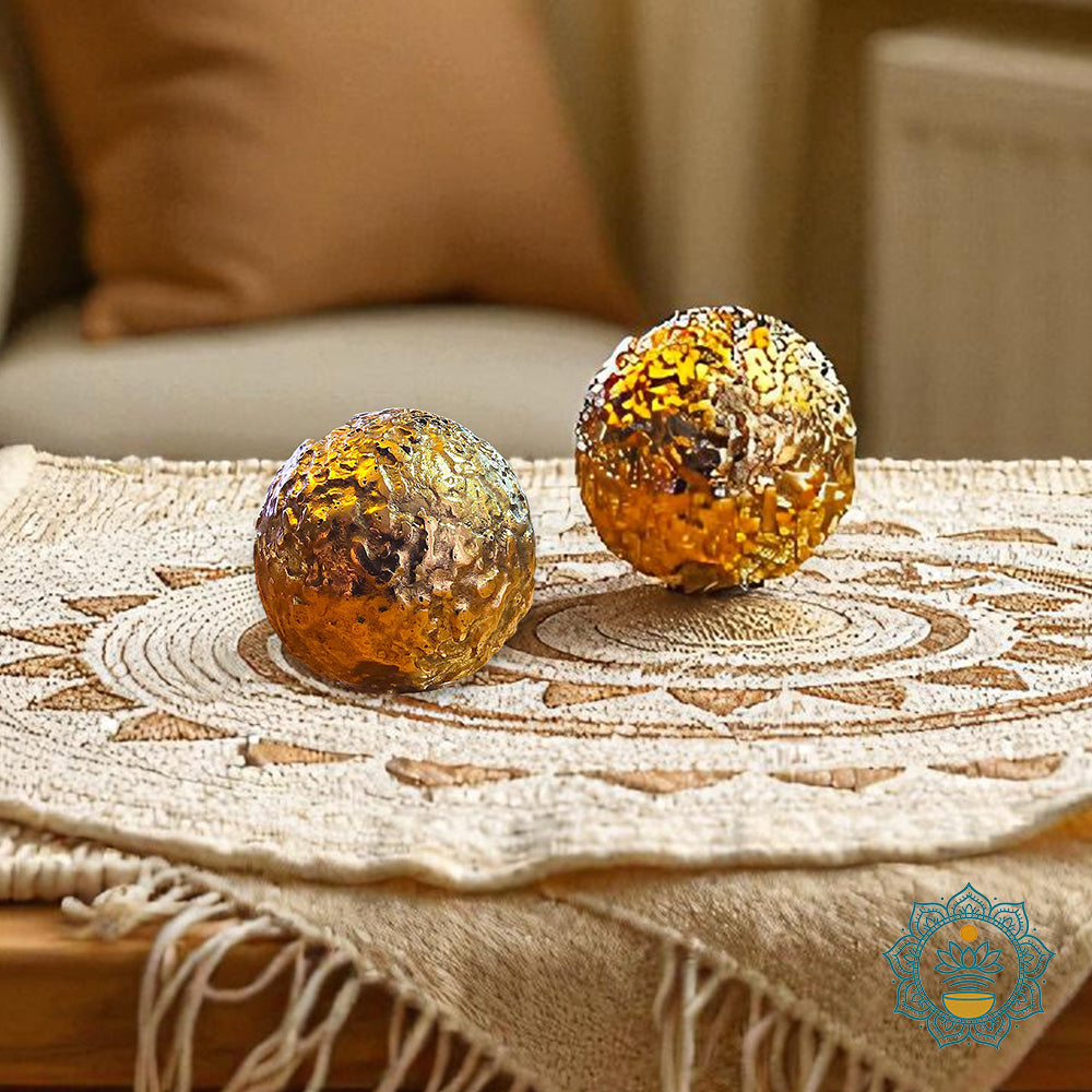 A brief description of a handmade Brass Bliss Ball for meditation and sound healing. It explains its calming chime, handcrafted design, included upgraded stand, size, weight, and how it supports relaxation, mindfulness, and daily well-being.