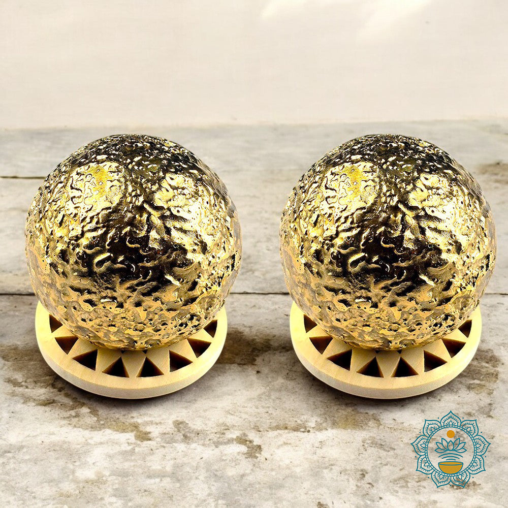 2 Brass Bliss Balls – Meditation & Sound Healing Chime with Complimentary Stands (Wooden v.1)
